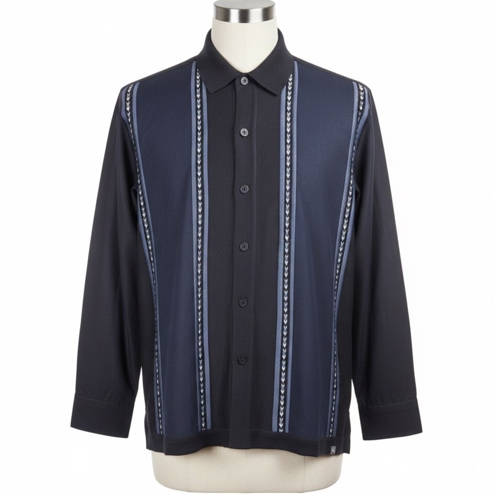 Silver Silk Men M Long Sleeve‎ Knit Button Down Polo Shirt Mod Rockabilly Lounge